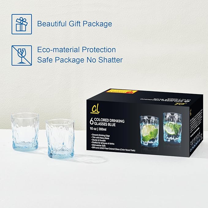 CREATIVELAND Solid Color Drinking Glasses Set of 6, 10 OZ Wind-blown Ripples Glass Tumbler Glassware for Water, Juice, Different Options for Home, Restaurant, Hotel, Bar, Blue