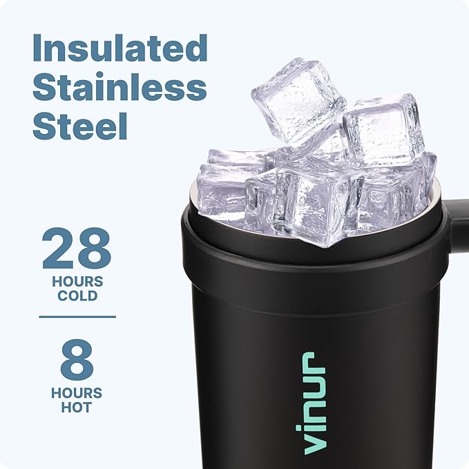 VINUR 30 oz Insulated Tumbler with Handle & Straw Lid-Stainless Steel Double Wall Vacuum Drink Water Cup Coffee Mug with Rubber Base, Black