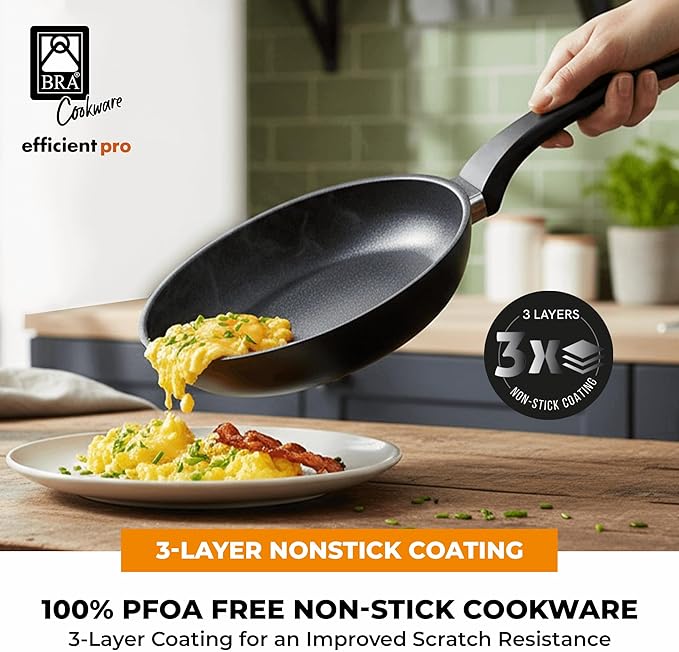 BRA COOKWARE Efficient Pro 2 Frying Pan Set | 8 + 10.2 inches Cast Aluminum Frypans | Profile Plus Non-Stick | All Heat Sources Compatible | PFOA Free | Heat-Resistant Handle | Non Deformable