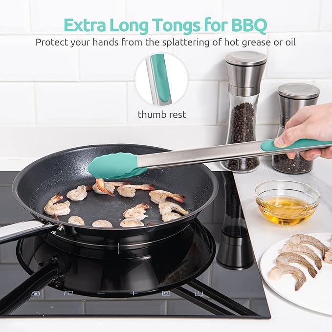 600ºF Heat Resistant Kitchen Tongs: U-Taste 16 in Extra Long Large Silicone Cooking Tong with Sturdy Non Stick Rubber Tips & Non Slip Silicon Coated 18/8 Stainless Steel Handle for Grill BBQ(Aqua Sky)
