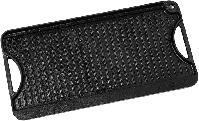 VEVOR Reversible Grill/Griddle, 20x10 inch Pre-Seasoned Cast Iron Griddle, Portable Rectangular Pan with Handle, Family Cookware for Indoor/Outdoor Stove Top Burner, Gas, Camping BBQ, Black