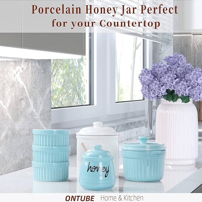 ONTUBE Honey Jar with Dipper and Lid, Ceramic Honey Pot 12oz, Turquoise
