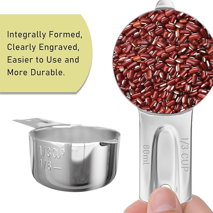 2PCS 1/3Cup (80ml, 2.7oz) Single Measuring Cup, Stainless Steel Measure Scoop, Metric and US Measurement, Dishwasher Safe