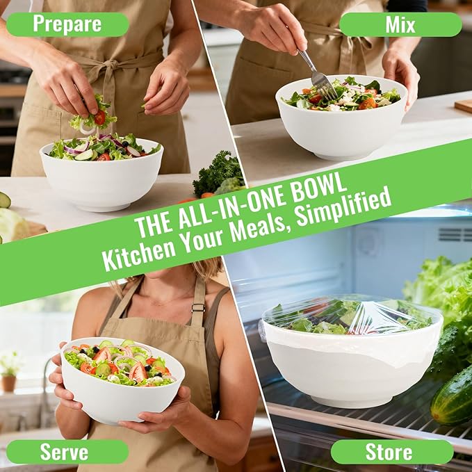 Large Salad Bowl, Wheat Straw Bowls Set 60 OZ, Unbreakable Big Bowls Set of 6, Large Serving Bowls for Kitchen, Cereal, Ramen, Soup, Microwave & Dishwasher Safe, White