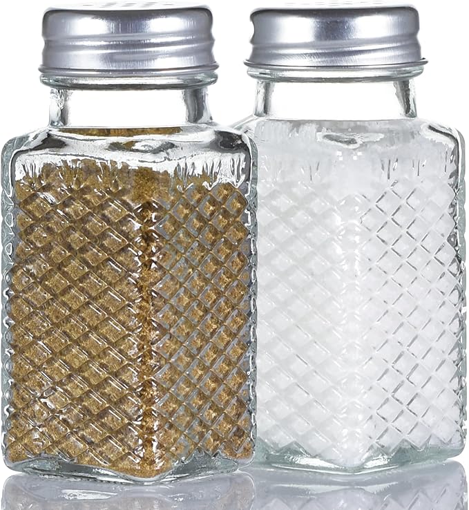 2 Pack Glass Salt and Pepper Shakers Set, Vintage Spice Shakers for Dining Room Table, Kitchen, Restaurant (Grid Pattern)