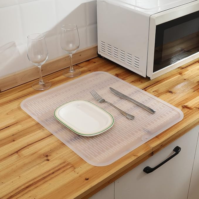Silicone Dish Drying Mat for Multiple Usage,Easy clean,Eco-friendly,Heat-resistant Silicone Mat for Kitchen Counter or Sink,Refrigerator or Drawer Liner Translucent XL 18 inches x 16 inches