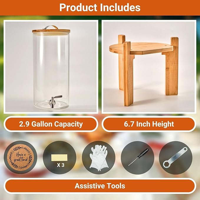 Glass Beverage Dispenser with Bamboo Stand 6.7 In and Lid, Iced 2.9 Gallon Drink Server with Spigot, Large Thick Glass Drink Dispenser for Parties, Hotels, Restaurants, Homes