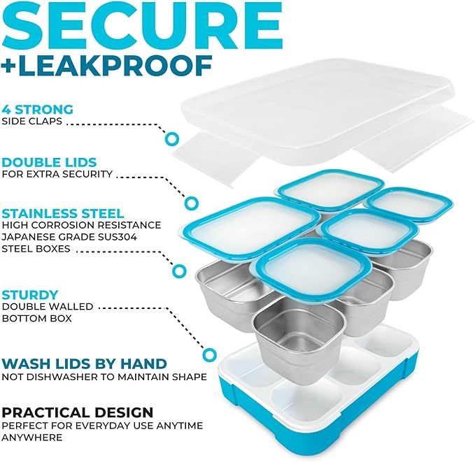 Stainless Steel Kids Bento Lunch-Box with Lunch Bag Ice Pack for Toddler Kids Adult, Leak-Proof School Lunch Container Boxes, Snack Food Containers for Daycare, 5 Compartment Snackle-Box 34 oz Blue