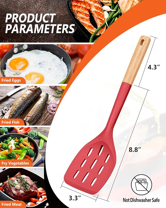 Pack of 2 Silicone Spatula, Non Stick Cooking Utensil Set Wooden Handle Kitchen Turner for Baking Mixing Grilling Serving Food Heat Resistant Non Scratch Hooks Included (Red)