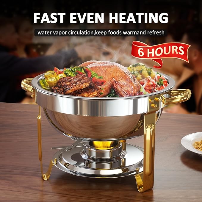 Chafing Dishes for Buffet, 6 Pack 5QT Round Chafing Dish Buffet Set [Elegant Gold and Silver Colors] Stainless Steel Buffet Servers and Warmers for Catering Events Parties Dinners with Complete Set