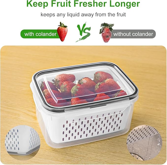 6 PCS Large Fruit Containers for Fridge - Leakproof Food Storage Containers with Removable Colander - Dishwasher & Microwave Safe Produce Containers Keep Fruits, Vegetables, Berry, Meat Fresh longer