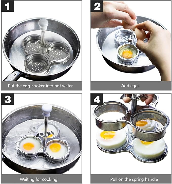 3 Cups Stainless Steel Egg Poacher, Poached Egg Cooker Nonstick Poached Egg Maker Egg Poacher Pan Cups Round Poached Egg Pan with Oil Brush for Breakfast Boiled Eggs