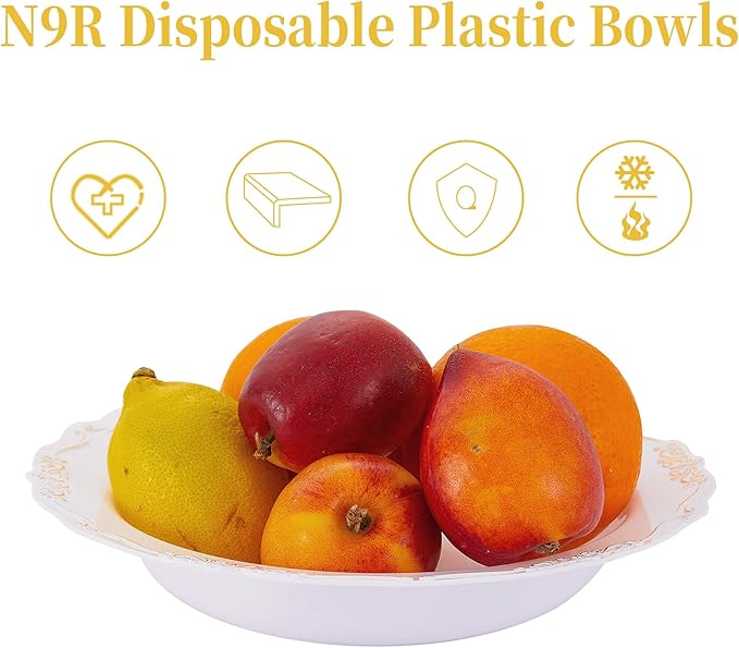 N9R 30PCS Disposable Soup Bowls with Gold Relief, 12 Oz Fancy Plastic Soup Bowls for Holidays, Parties, Weddings, Catering and Everyday Use