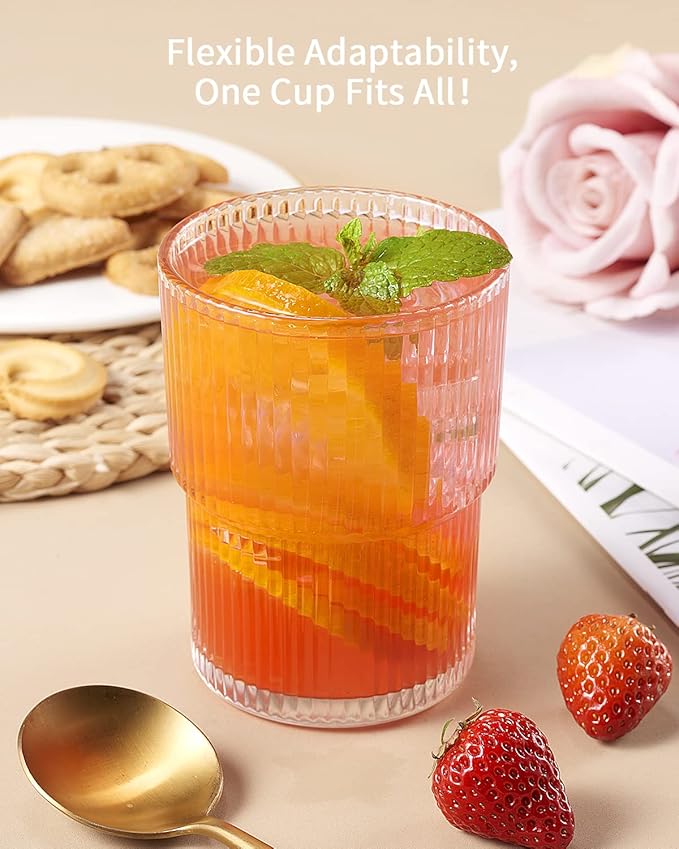 Ribbed Glassesware 14 Oz Ripple Drinking Glasses Iced Coffee Glasses Glass Cup Set Of 6 Vintage Drinking Glasses Water Glasses Fluted Glassware Cocktail Glass Cute Glass Cups