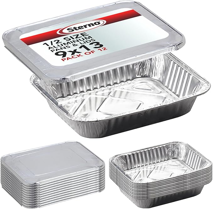 Sterno Aluminum Pans with Lids, Half Size, 9x13, Disposable Foil Tray for Baking, Roasting, Chafing, Great for Storage and Leftovers (24pcs)