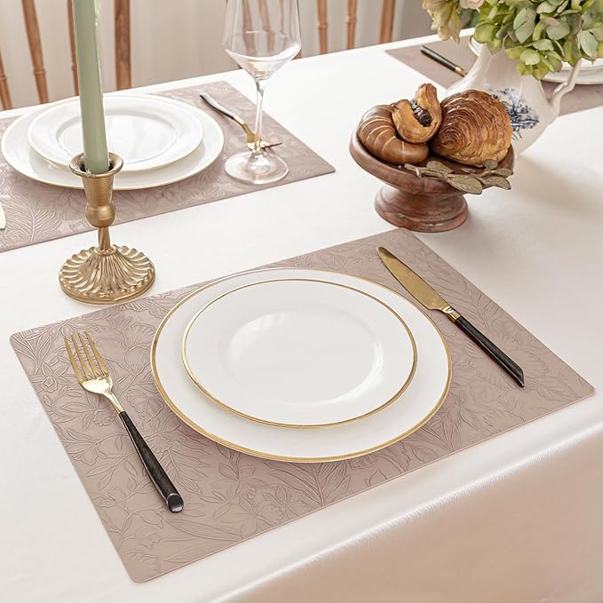 Romanstile Vinyl Placemats Set of 4-12 X 18 Inch - Heat Resistant Non-Slip Embossed Floral Place Mats 100% Waterproof Oilproof Wipeable Faux Leather Table Mats for Kitchen/Dining/Party, Khaki