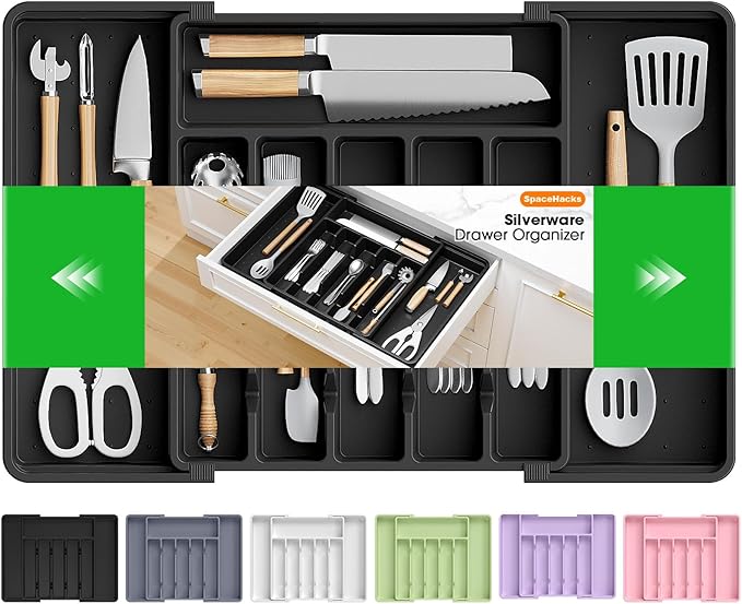 Silverware Organizer，Adjustable & Expandable Utensil Drawer Organizer, BPA Free Utensil Holder, Cutlery Tray for Forks, Spoons, Knives in Kitchen, Large, Black