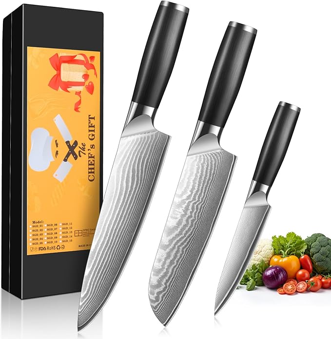 3 Pieces Chef Knife Set, Professional Japanese High Carbon Stainless Steel Kitchen Knife Set, Ultra Sharp Chef Knives Sets with Ergonomic Color Wooden Handle