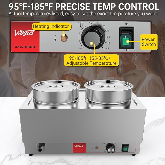 Valgus Commercial Stainless Steel Bain Marie Food Warmer 2 Round Pots Electric Soup Warmer with Lid and Tap for Home, Catering, Buffet