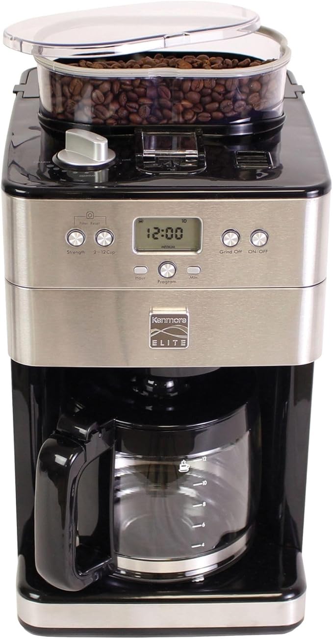 Koolatron Kenmore Elite Grind and Brew Coffee Maker - Built-In Grinder, Automatic Drip Coffee Machine, 12 Cup Programmable Brewer, Bean Grinder and Ground Coffee Brewer, Cafetera con Molino Integrade