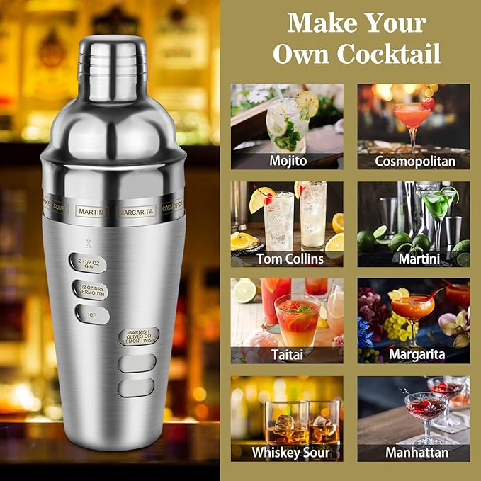 Cocktail Shaker Martini Shaker Set with Recipe, 24 oz Martini Shaker Drink Shaker Drink Mixer Stainless Steel Cocktail Shaker Set Bartender Kit