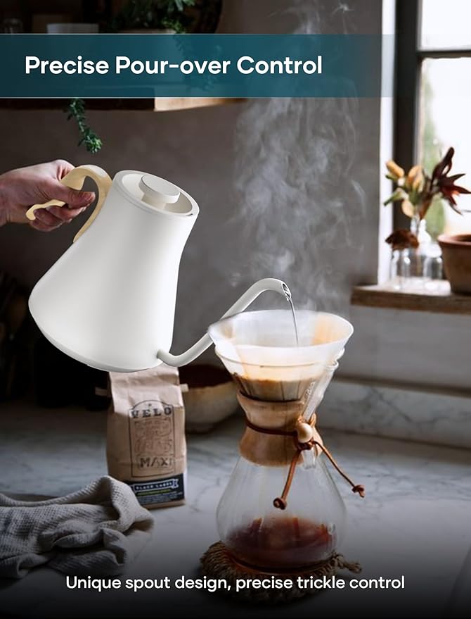 Electric Kettle, Gooseneck Electric Kettle, ±1℉ Precise Temperature Control, Stainless Steel Interior, Quick Heating for Pour Over Coffee, Tea & Boiling Water, 0.9L (White)