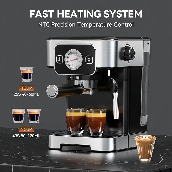 Espresso Machine 20 Bar with Steam Milk Frother, Stainless Steel Coffee Machine with Removable Water Tank for Cappuccino,Latte, Compact Stainless Steel Coffee maker for home,Great Gift
