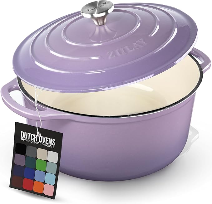 Zulay Kitchen 6 Quart Enameled Cast Iron Dutch Oven Pot with Lid – Premium Durability & Oven Safe up to 500°F – Heavy Duty Cookware Perfect for Bread Baking, Stews, Braising & Roasting – Lavender Jade