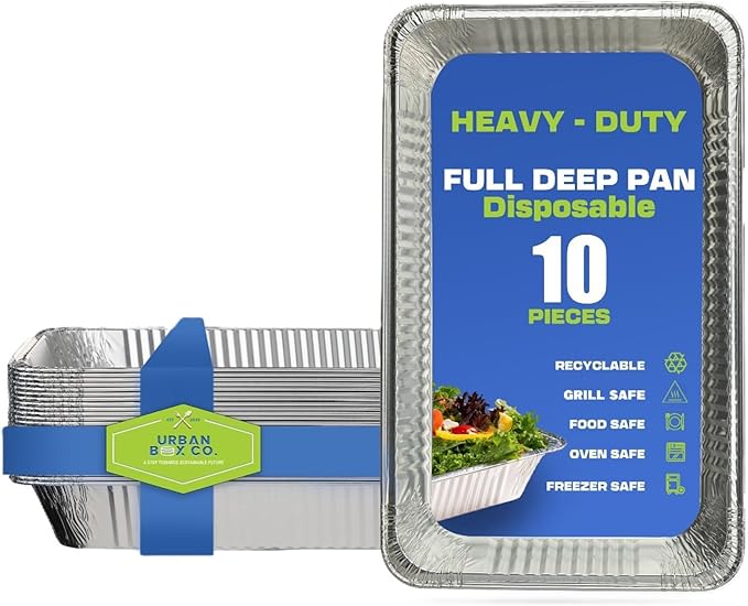Urban Box Co. Full Size Deep Aluminum Pans - 21x13 inch Steam Table Chafing Pan: Extra Heavy Duty, Disposable Foil Tray for Restaurant. Ideal for Roasting, Cooking, Storing Food (10, No Lid)