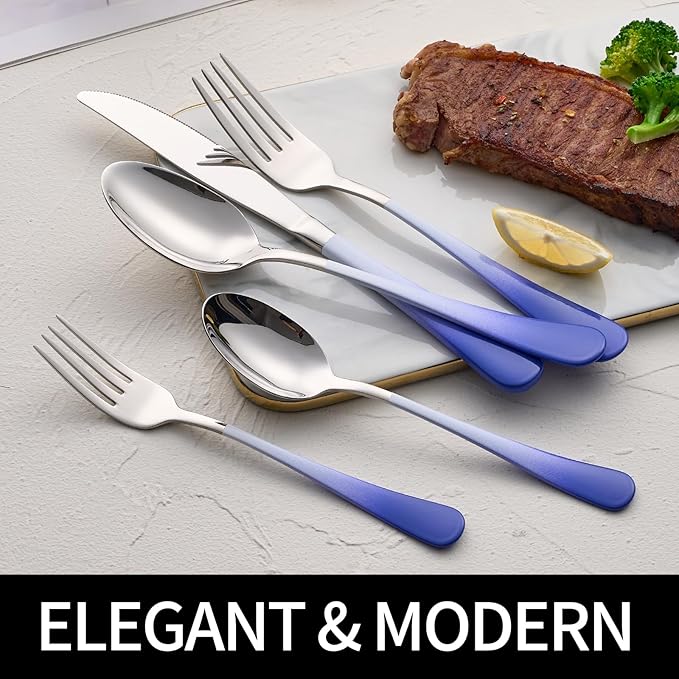 20-Pieces Color Silverware Sets for 4,Blue and white Handle Stainless Steel Cutlery Set, Include Forks Spoons and Knives Set, Dishwasher Safe Utensil Sets for Home Restaurant