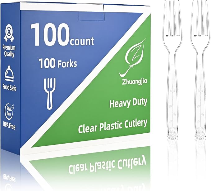 100 Count Extra Heavy Duty Clear Plastic Forks Disposable, BPA-Free, Heat Resistant, Durable Disposable Forks Bulk for Catering & Events 、Party Supplies