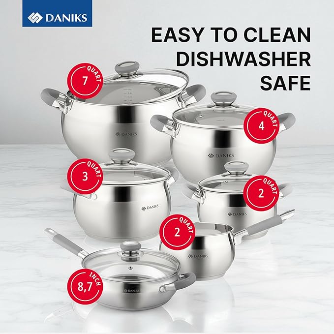 Daniks Modern 11-Piece Stainless Steel Cookware Set with Glass Lids, Includes Saucepan and Frying Pan with Lid, Tri-Ply Bases for Even Heating, Induction Compatible, Dishwasher Safe, Heatproof Handles