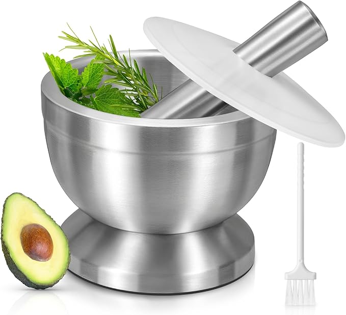 Mortar and Pestle, Sopito 18/8 Stainless Steel Spice Grinder Pill Crusher with Lid for Crushing Grinding Ergonomic Design with Anti Slip Base and Comfy Grip