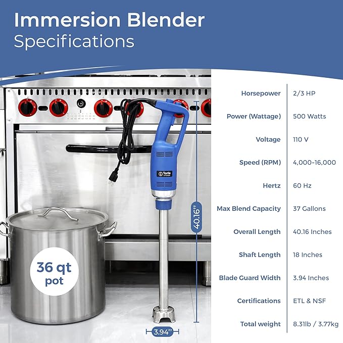 TK Commercial Immersion Blender, 500 Watt/.5 HP Variable Speed Motor, 16,000 RPM Heavy Duty with Performance Assurance - 18"