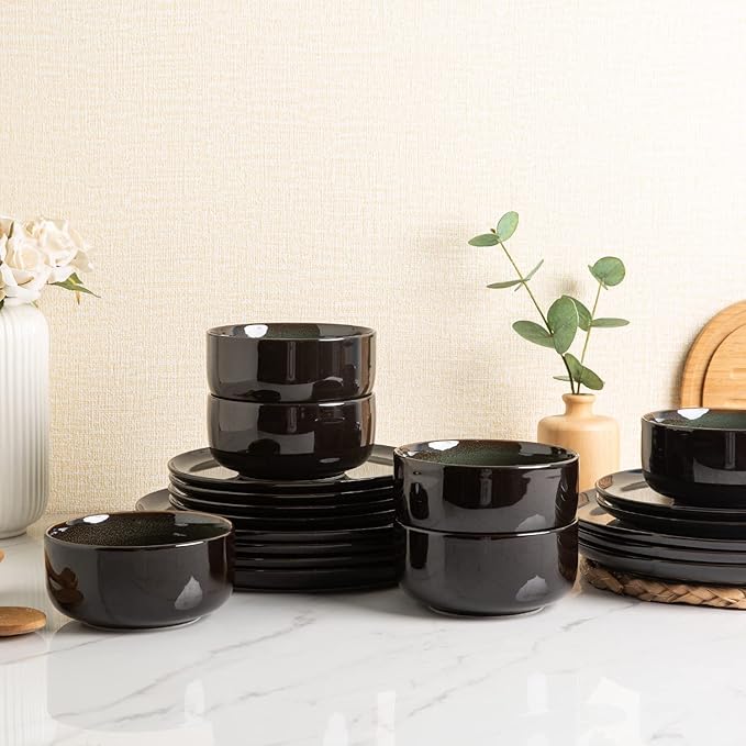 LERATIO Ceramic Plates Set of 6, 8.5 Inch Reactive Glaze Light Weight Porcelain Salad Plates,Modern Shape Dinnerware Dishes Set for Kitchen,Microwave&Dishwasher&Oven Safe,Resistant-Green