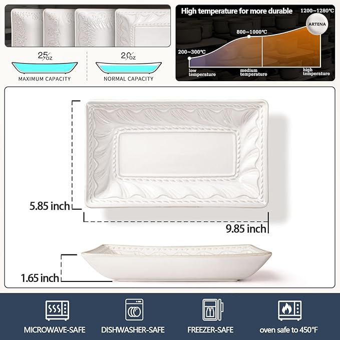 Artena Ceramic Pasta Bowls Set of 4-9.85 Inch Large Salad Bowls, 25 oz Serving Bowls for Soup, Dinner & Party - Embossed Microwave Safe Kitchen Dishes, Rectangle Plates (Willow Leaf)