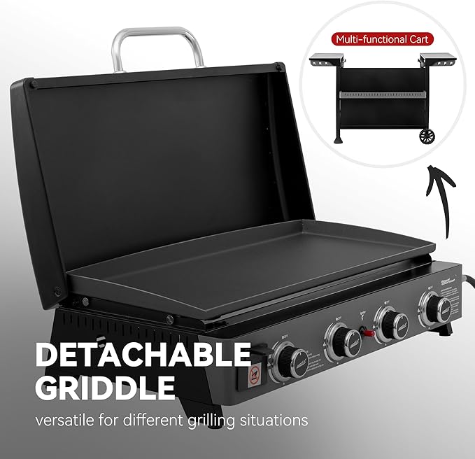 Royal Gourmet PD4001 4 Burner Propane Gas Griddle with Removable Standing Cart, Convertible to Tabletop Design, Flat Top Grill with Hood for Camping, Tailgating, Backyard, Black