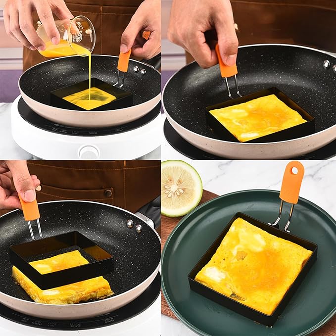 4 Inch Suqare Egg Rings for Frying Eggs,2 Packs 4" Square Egg Rings for Griddle, Stainless Steel Griddle Omelete Rings for Fried Eggs Muffin Tortillas Pancake Ring Crepes Ring with SiliconeHandle