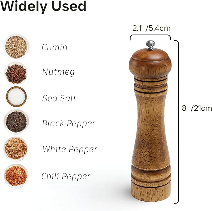Wood Salt and Pepper Grinder, Salt Grinder and Pepper Mill, Oak Wood Shakers with Adjustable Ceramic Grinders - 8 inches, 1 Pack