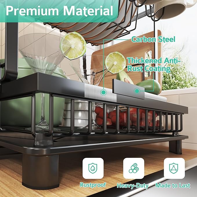 Dish Drying Rack, 2 Tier Space-Saving Dish Rack, Multifunctional Dish Drainer for Kitchen Counter with Drainboard/Utensil/Cup Holder Rustproof Carbon Steel, Black