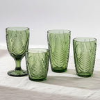 Vintage Drinking Glasses Set Of 4-10 oz Textured Green Glass Cups, Cute Green Glassware for Home & Bar, Retro Style Embossed Drinkware, Unique Decorative Cocktail Cup Sets - Heavy Duty & Durable