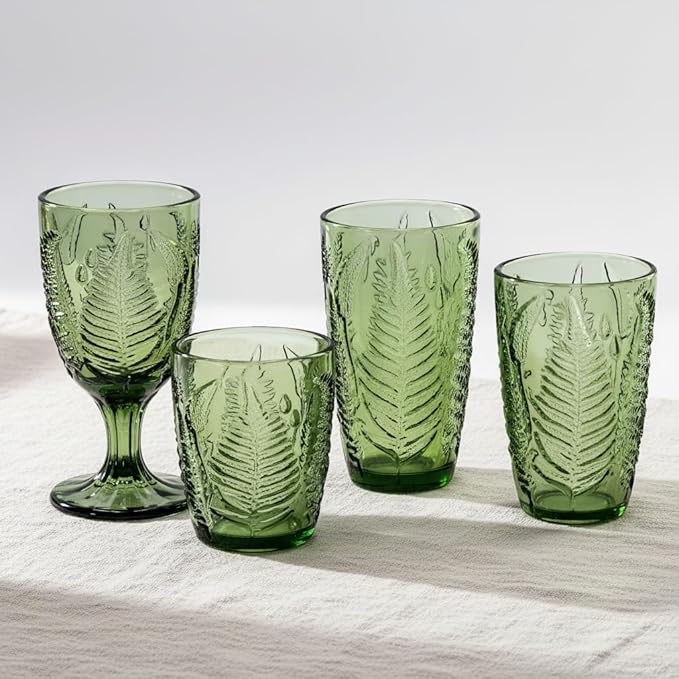 Green Glass Goblets Set of 4-10 oz Vintage Glassware Decorative Wine Glasses, Colored Cute Goblet Drinking Cups, Unique Textured Water Cup Sets, Colorful Aesthetic Pretty Drinkware Gifts