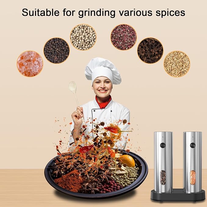 Electric Salt and Pepper Grinder Set with Charging Base，Stainless Steel Automatic Pepper Grinder Set Top-Refill, Flexible Coarsenes, 110ml Larger Capacity with LED Light for Home Kitchen (2 pack)