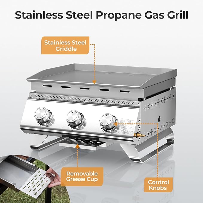 R.W.FLAME Premium 3-Burner Tabletop Propane Gas Griddle Stainless Steel Portable Outdoor Griddle,24,000 BTU Compact Flat Top Camping BBQ Grill,347 Sq. In. Cooking Area,Heavy Duty