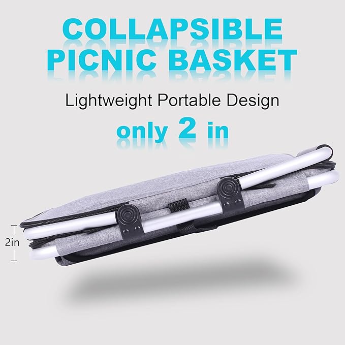 Picnic Basket, SIYUAN Collapsible Shopping Basket Insulated with 2 Handles 27L Large Cooler with Lid Portable Folding Grocery Market Tote Bag, Grey