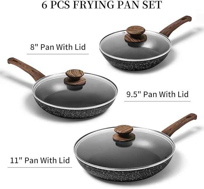 Frying Pan Set With Lids - Non Stick Frying Pans Set 3 Pcs, Nonstick Skillet Pans Set Egg Omelette Pan W/Lid, PFOA Free, Induction Non Toxic Cooking Black Pan Set