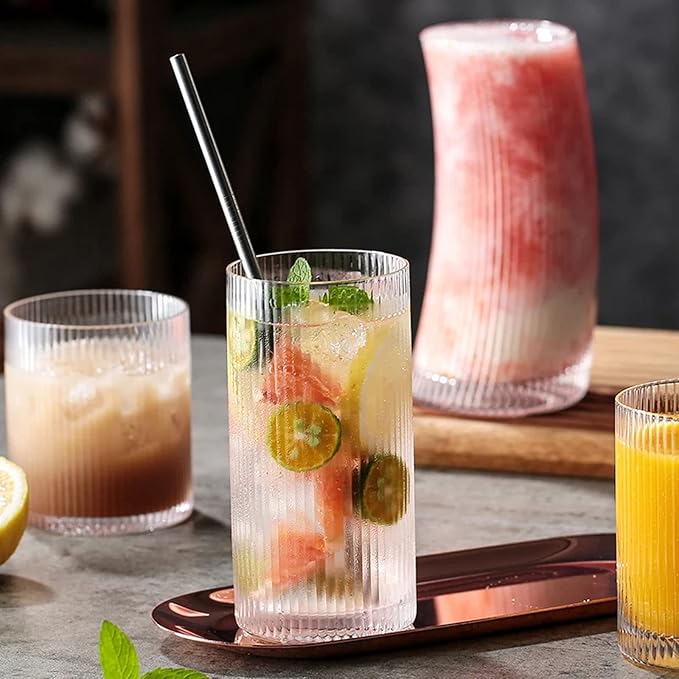 INSETLAN Glass Cups Vintage Glassware Set of 4 Large, Origami Style Transparent Cocktail Glasses Set, Bar Beverages Ice Coffee Cup Juice Ripple Drinkware, 370ml (L)