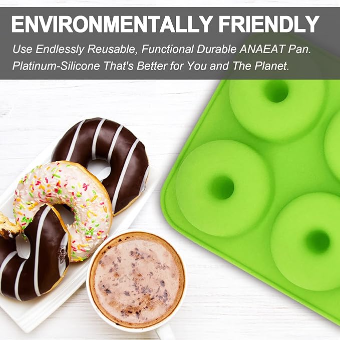 Anaeat 2 Pack Donut Pan Silicone Baking Mold, Just Pop Out! Non-Stick Doughnuts Baking Pans BPA Free for 6 Full-Size Donuts, Muffins, Cake Biscuit Bagels - Easy Clean, Oven, Dishwasher Safe (Green)