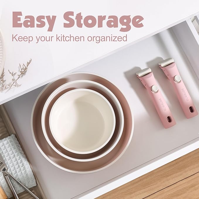 SENSARTE 24 Piece Ceramic Pots and Pans Set, Nonstick Detachable Handle Cookware, Induction Kitchen Cookware Set with Removable Handle, Healthy Non Stick for RV, Dishwasher＆Oven Safe, PFOA Free (Pink)