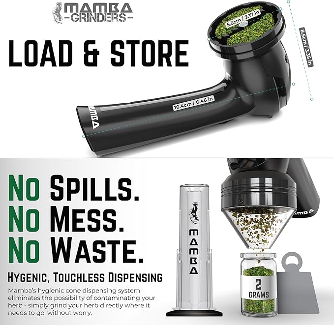 Mamba Loader XL 2g Black USB Electric Herb Grinder. Small Portable Metal Herbal Machine & Spice Mill for the Kitchen